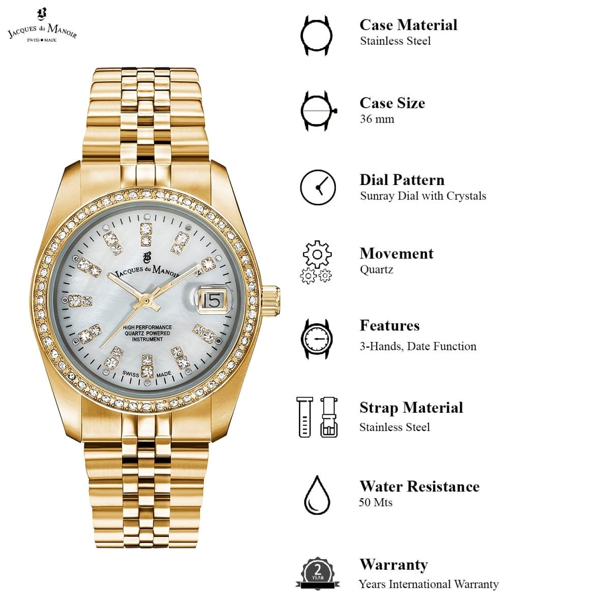 JACQUES DU MANOIR Inspiration Swiss Made Analogue White Round Dial Women's Watch- NROP.11