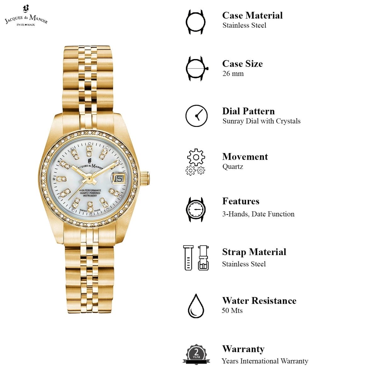 JACQUES DU MANOIR Inspiration Swiss Made Analogue White Round Dial Women's Watch- NROP.12