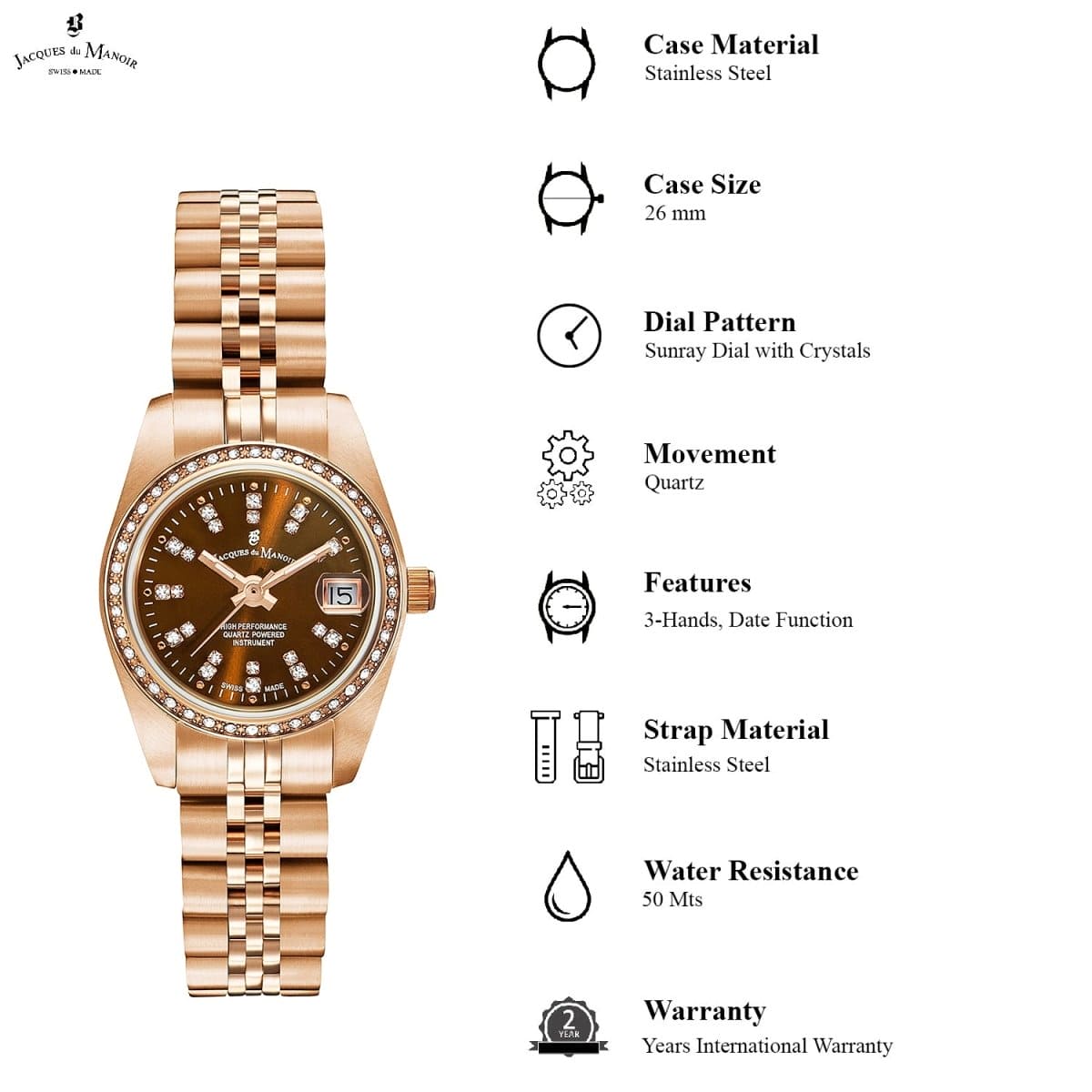 JACQUES DU MANOIR Inspiration Swiss Made Analogue Brown Round Dial Women's Watch- NROP.18