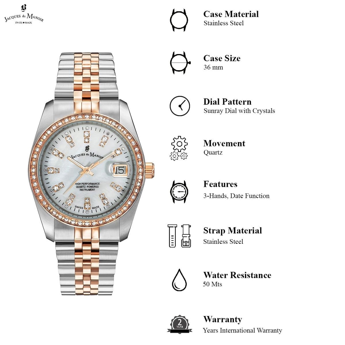 JACQUES DU MANOIR Inspiration Swiss Made Analogue White Round Dial Women's Watch- NROP.23