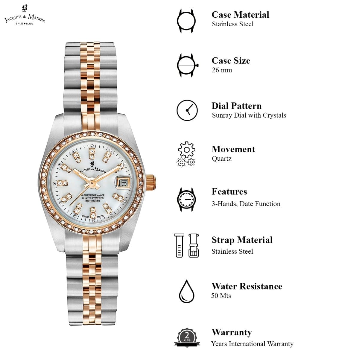 JACQUES DU MANOIR Inspiration Swiss Made Analogue White Round Dial Women's Watch- NROP.24