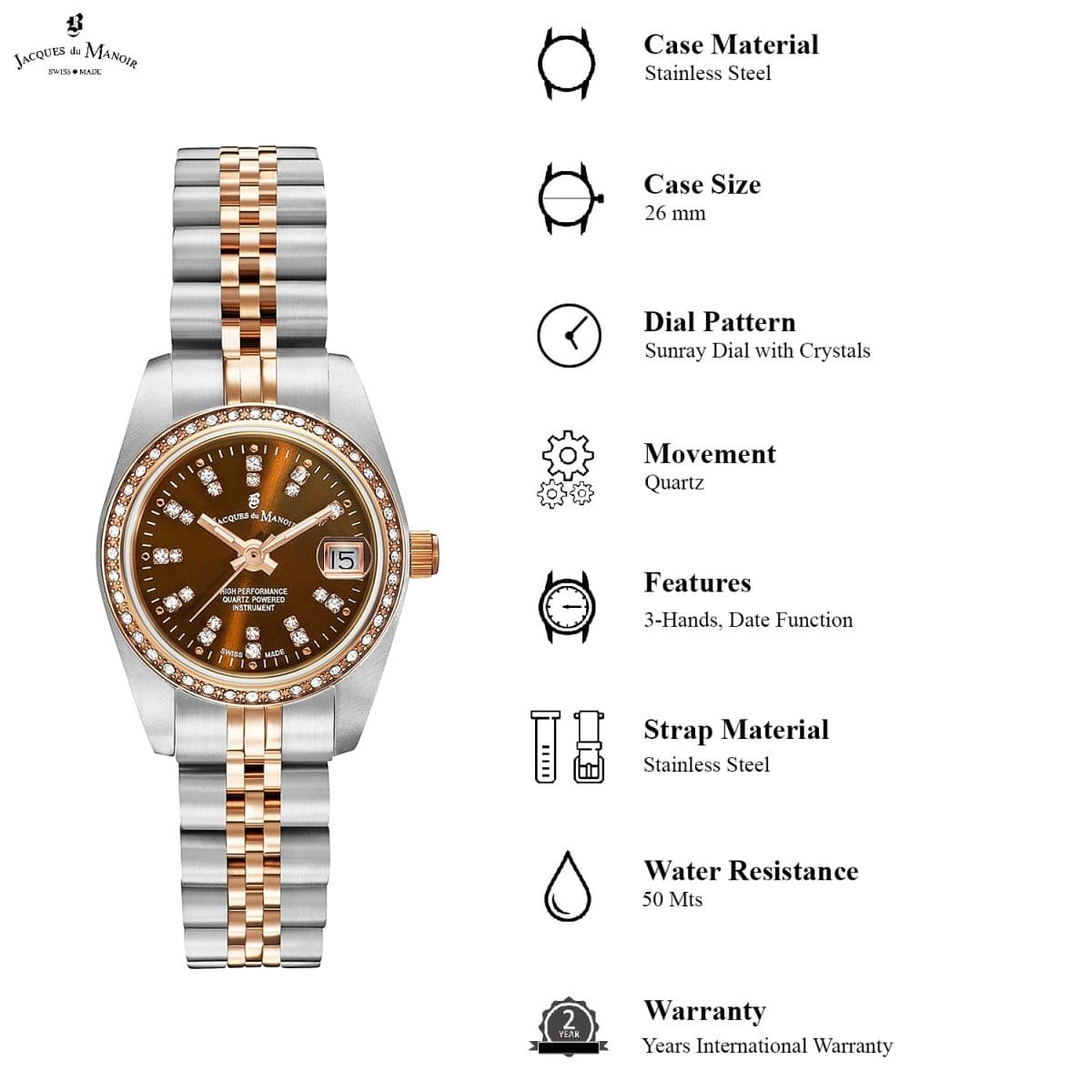 JACQUES DU MANOIR Inspiration Swiss Made Analogue Brown Round Dial Women's Watch- NROP.26