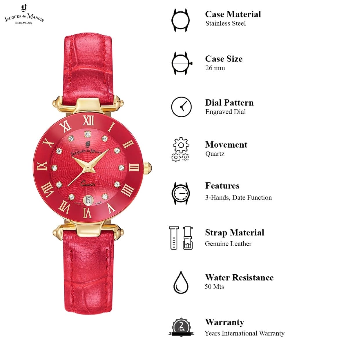 JACQUES DU MANOIR Coupole Fashion Swiss Made Analogue Red Round Dial Women's Watch- RC.102