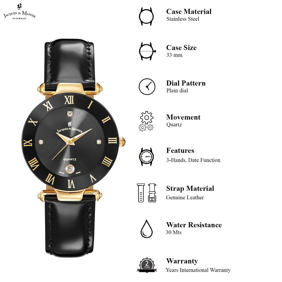 JACQUES DU MANOIR Coupole Classic Swiss Made Analogue Black Round Dial Women's Watch- RC.29