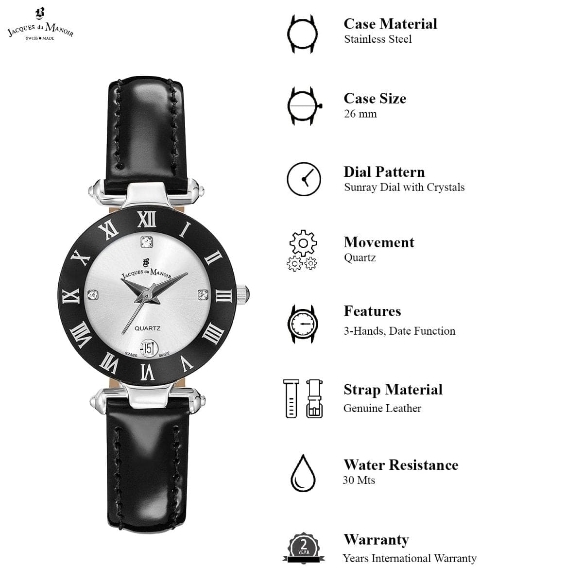 JACQUES DU MANOIR Coupole Classic Swiss Made Analogue Silver Round Dial Women's Watch- RC.42