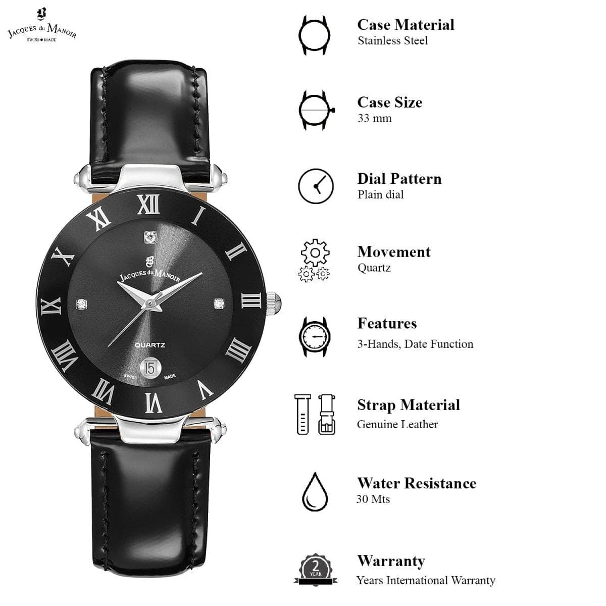 JACQUES DU MANOIR Coupole Classic Swiss Made Analogue Black Round Dial Women's Watch- RC.45