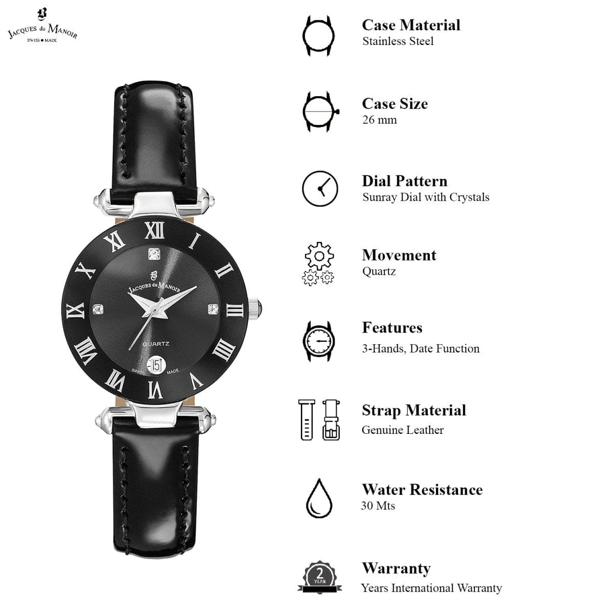 JACQUES DU MANOIR Coupole Classic Swiss Made Analogue Black Round Dial Women's Watch- RC.46