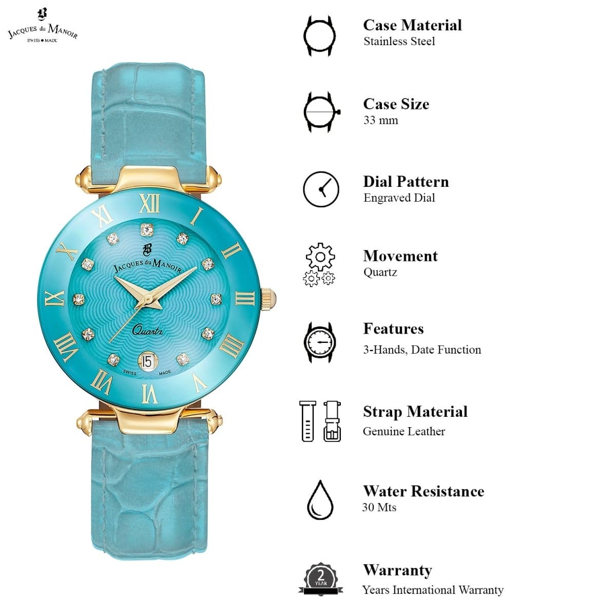 JACQUES DU MANOIR Coupole Fashion Swiss Made Analogue Turquoise Round Dial Women's Watch- RC.77