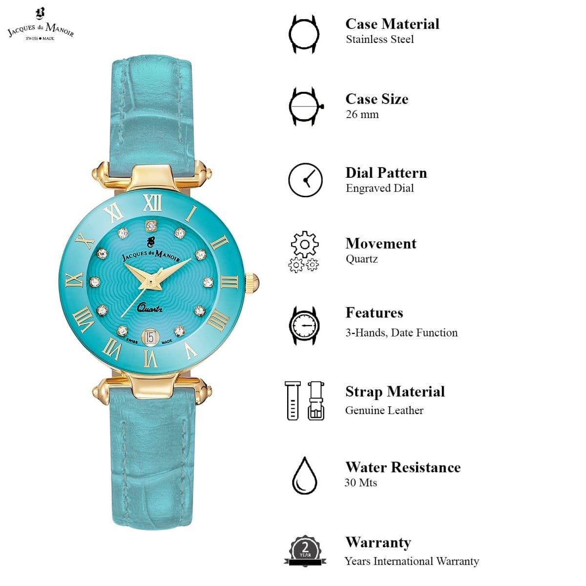 JACQUES DU MANOIR Coupole Fashion Swiss Made Analogue Turquoise Round Dial Women's Watch- RC.78