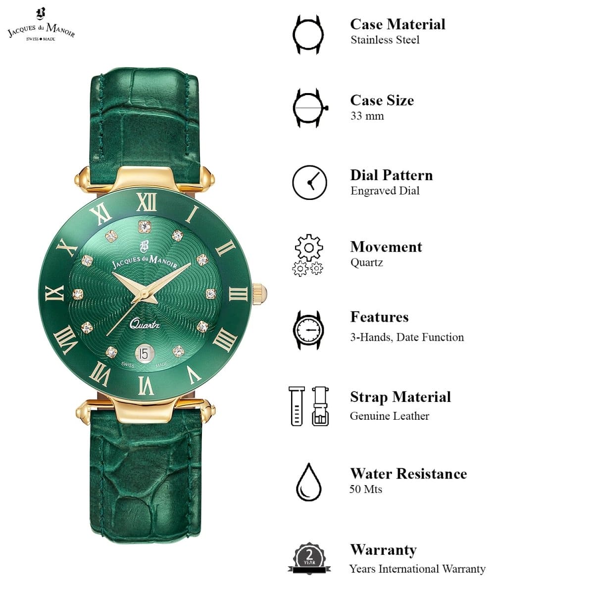 JACQUES DU MANOIR Coupole Fashion Swiss Made Analogue Green Round Dial Women's Watch- RC.89