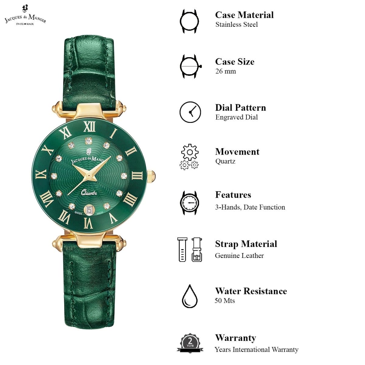 JACQUES DU MANOIR Coupole Fashion Swiss Made Analogue Green Round Dial Women's Watch- RC.90