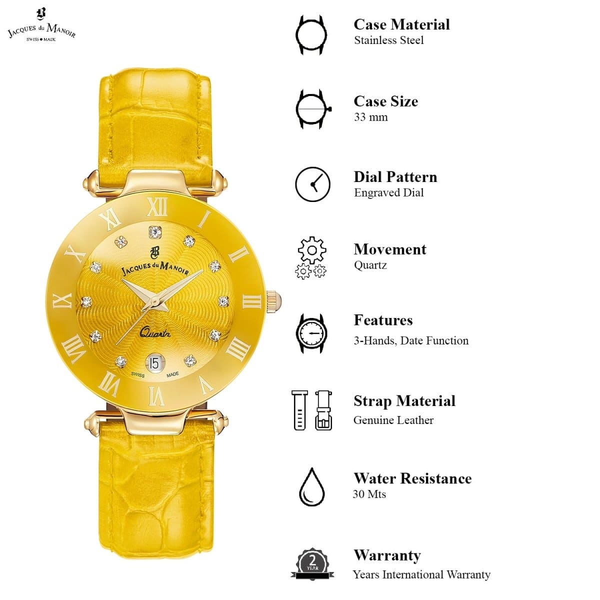 JACQUES DU MANOIR Coupole Fashion Swiss Made Analogue Yellow Round Dial Women's Watch- RC.95
