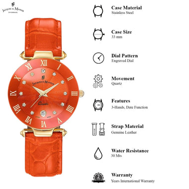 JACQUES DU MANOIR Coupole Fashion Swiss Made Analogue Orange Round Dial Women's Watch- RC.99