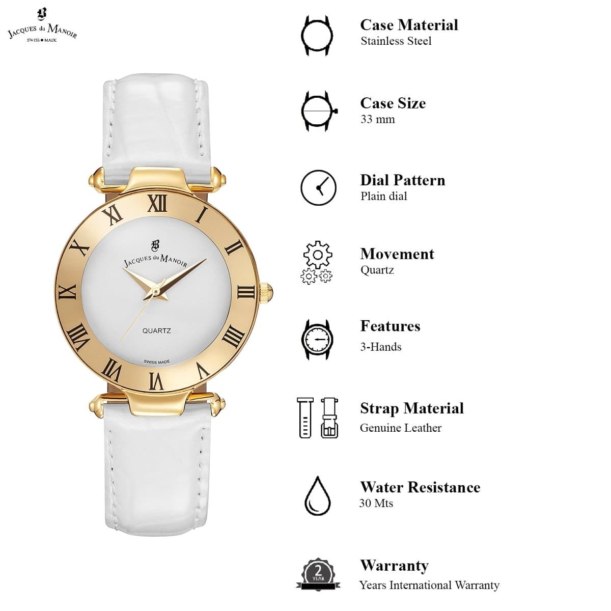 JACQUES DU MANOIR Coupole Classic Swiss Made Analogue White Round Dial Women's Watch- RCJ.09