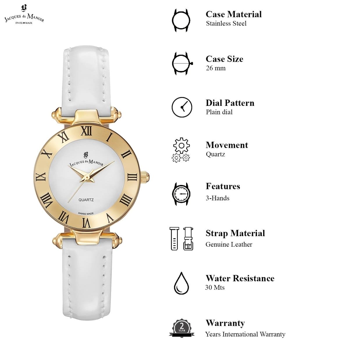 JACQUES DU MANOIR Coupole Classic Swiss Made Analogue White Round Dial Women's Watch- RCJ.10