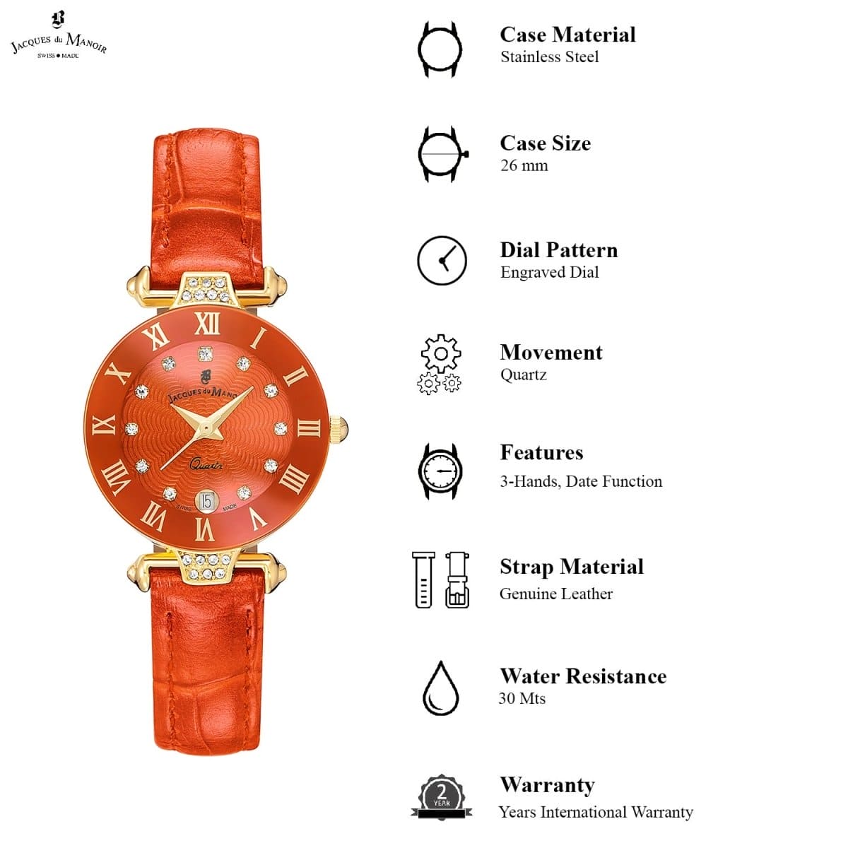 JACQUES DU MANOIR Coupole Fashion Swiss Made Analogue Orange Round Dial Women's Watch- RCP.100