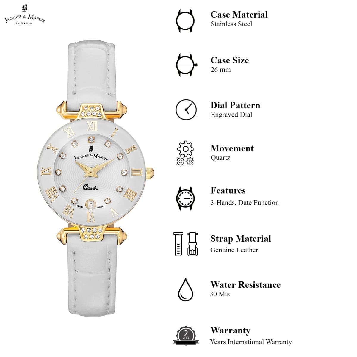 JACQUES DU MANOIR Coupole Fashion Swiss Made Analogue White Round Dial Women's Watch- RCP.72