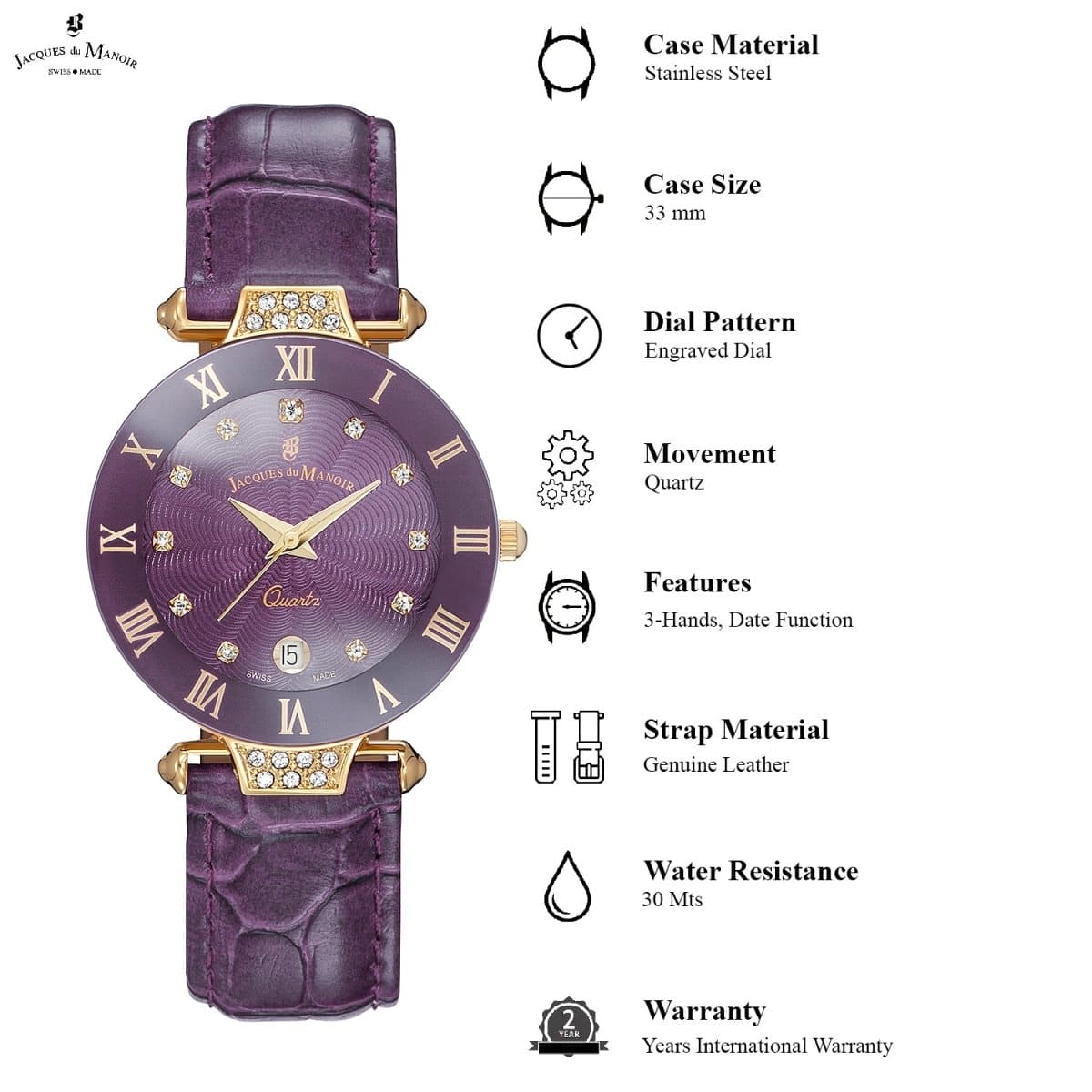 JACQUES DU MANOIR Coupole Fashion Swiss Made Analogue Purple Round Dial Women's Watch- RCP.75