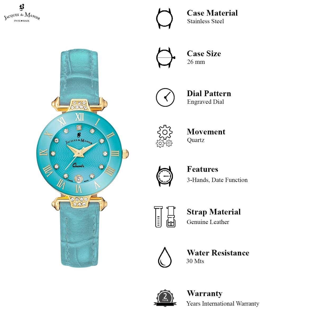 JACQUES DU MANOIR Coupole Fashion Swiss Made Analogue Turquoise Round Dial Women's Watch- RCP.78