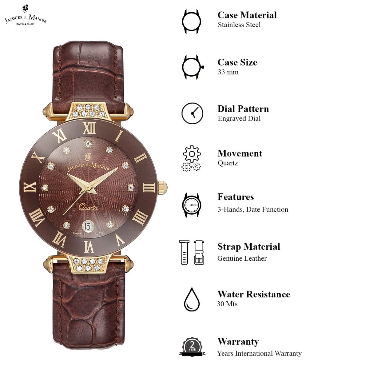 JACQUES DU MANOIR Coupole Fashion Swiss Made Analogue Brown Round Dial Women's Watch- RCP.81
