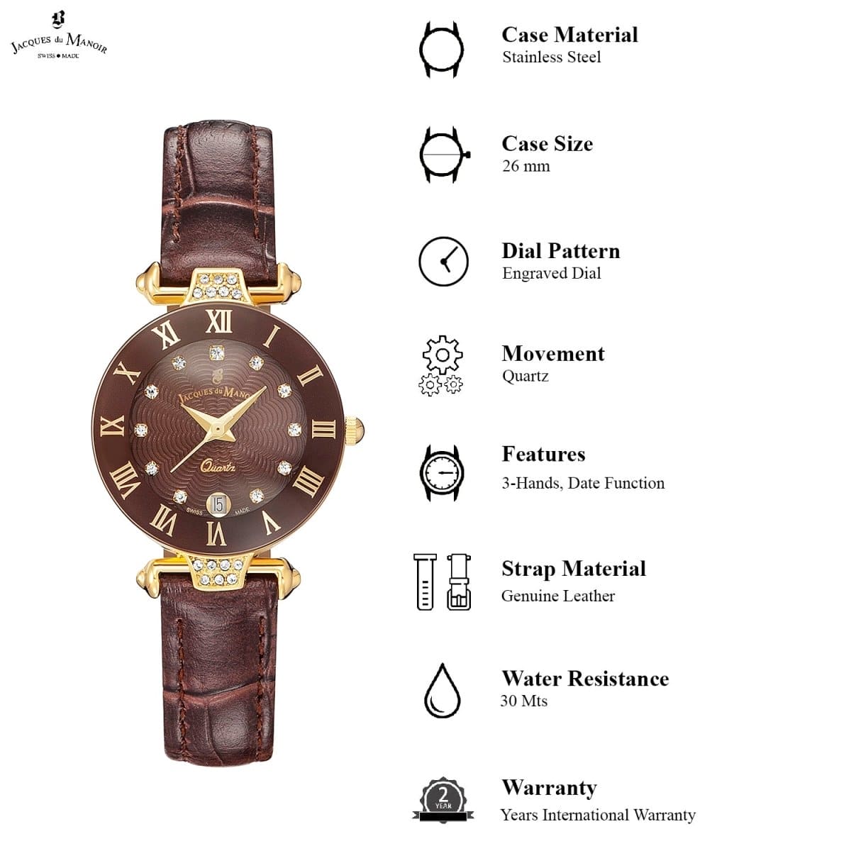 JACQUES DU MANOIR Coupole Fashion Swiss Made Analogue Brown Round Dial Women's Watch- RCP.82