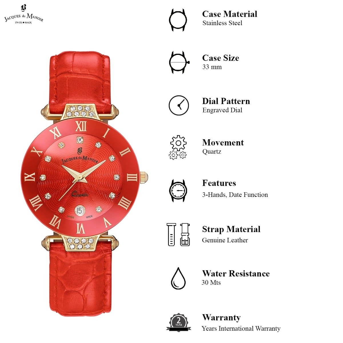 JACQUES DU MANOIR Coupole Fashion Swiss Made Analogue Red Round Dial Women's Watch- RCP.93