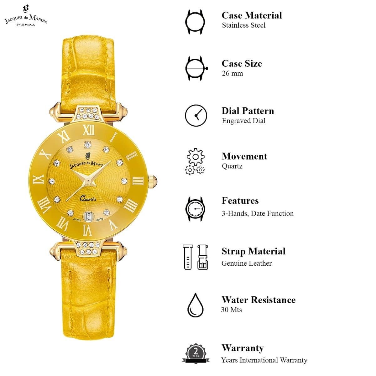 JACQUES DU MANOIR Coupole Fashion Swiss Made Analogue Yellow Round Dial Women's Watch- RCP.96
