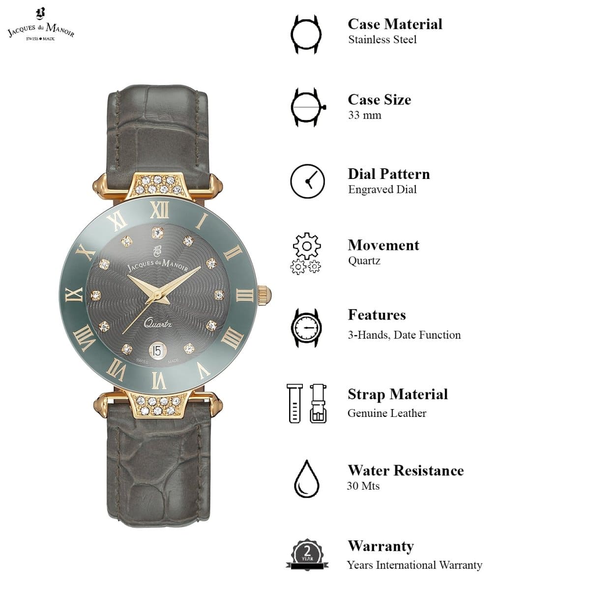 JACQUES DU MANOIR Coupole Fashion Swiss Made Analogue Grey Round Dial Women's Watch- RCP.97