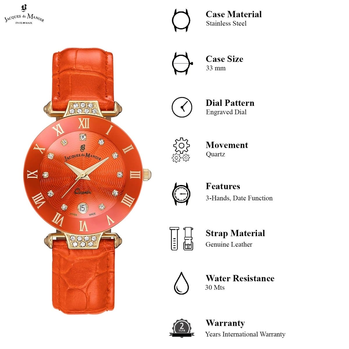 JACQUES DU MANOIR Coupole Fashion Swiss Made Analogue Orange Round Dial Women's Watch- RCP.99