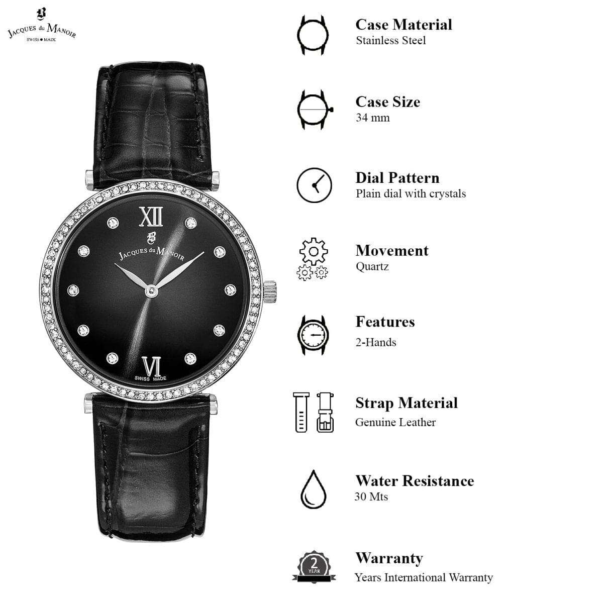 JACQUES DU MANOIR Cocktail Swiss Made Analogue Black Round Dial Women's Watch- SOC.05