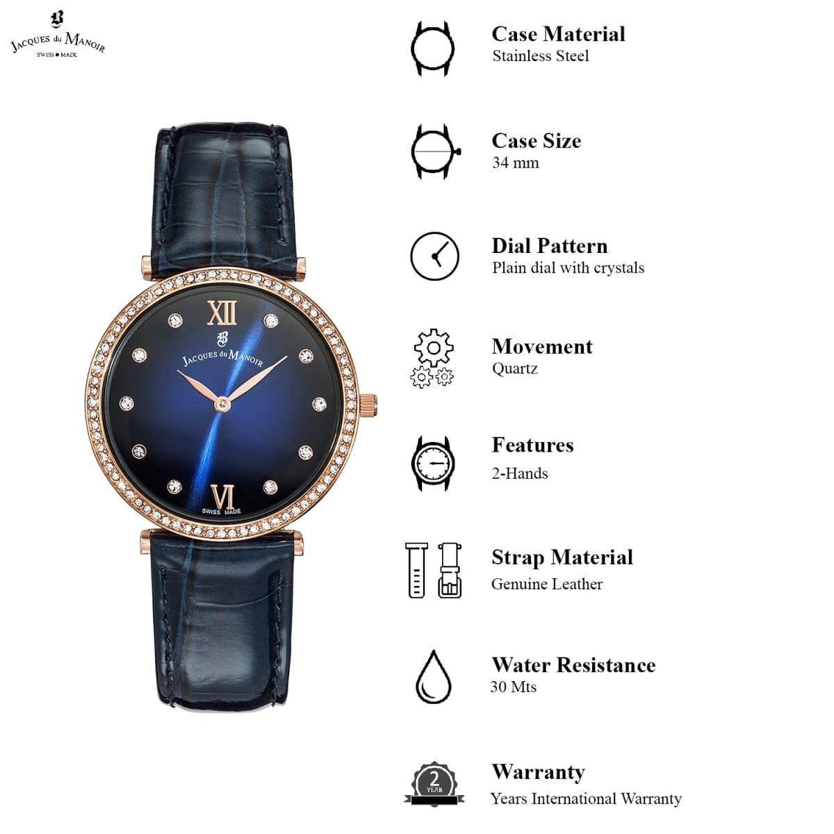 JACQUES DU MANOIR Cocktail Swiss Made Analogue Blue Round Dial Women's Watch- SOR.01