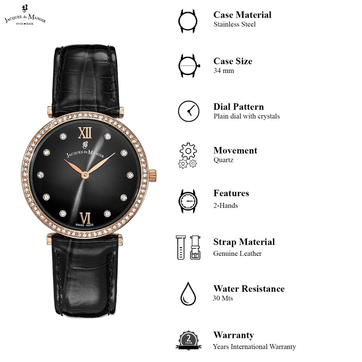 JACQUES DU MANOIR Cocktail Swiss Made Analogue Black Round Dial Women's Watch- SOR.05