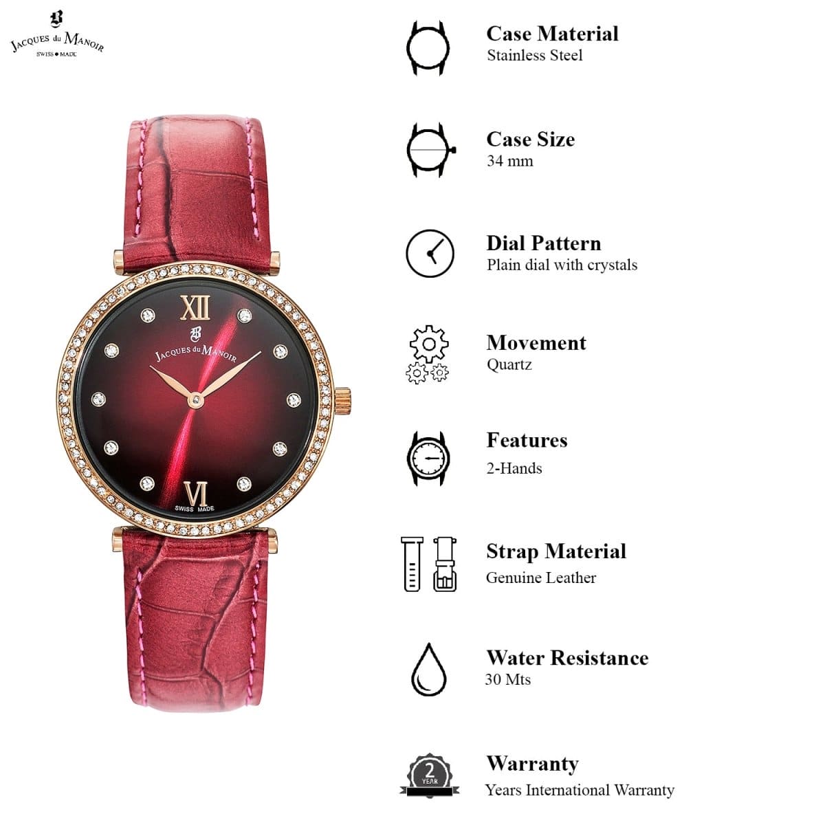 JACQUES DU MANOIR Cocktail Swiss Made Analogue Burgundy Round Dial Women's Watch- SOR.07