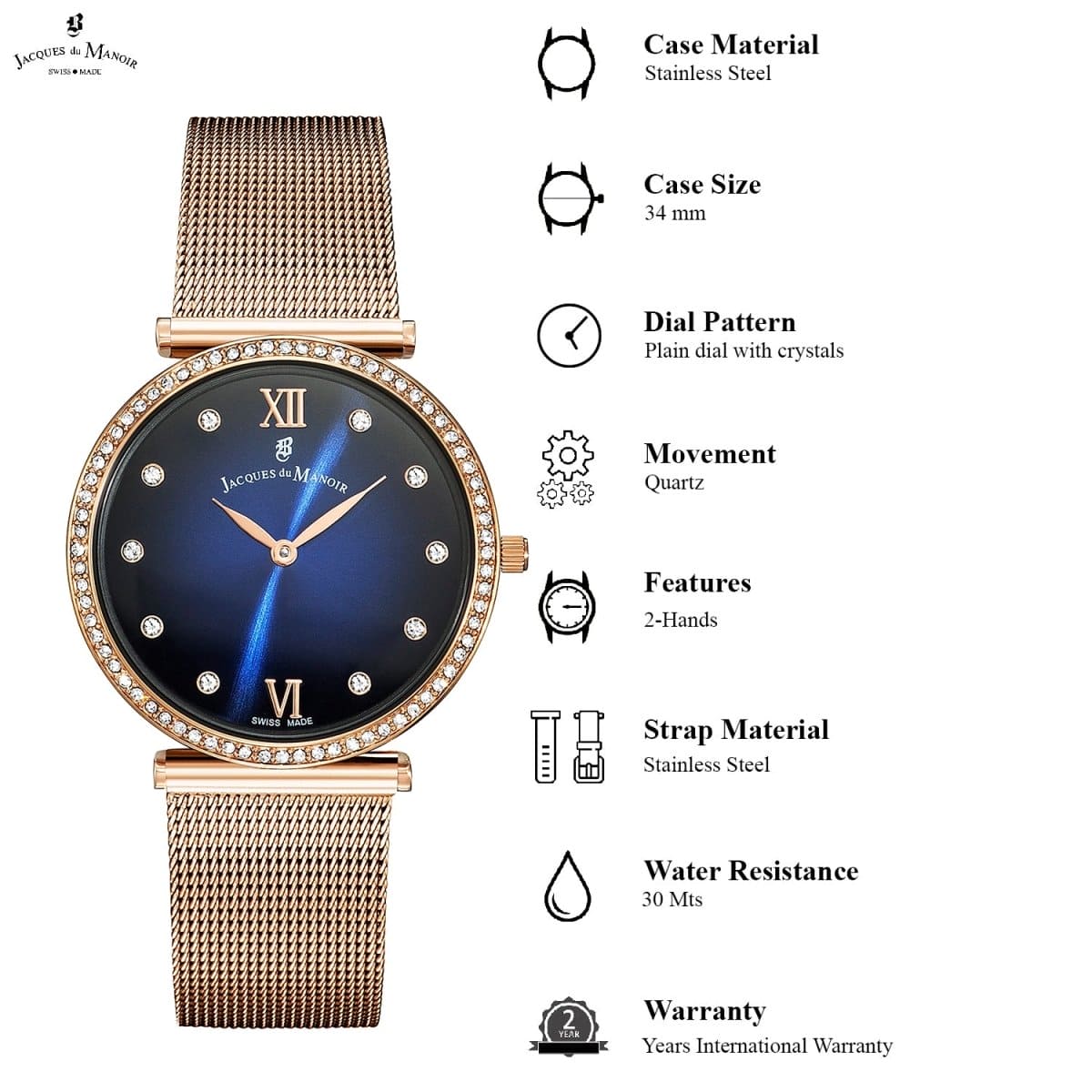 JACQUES DU MANOIR Cocktail Swiss Made Analogue Blue Round Dial Women's Watch- SORMI.01