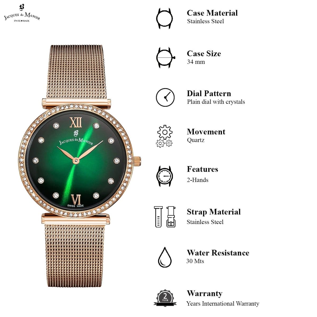 JACQUES DU MANOIR Cocktail Swiss Made Analogue Green Round Dial Women's Watch- SORMI.03