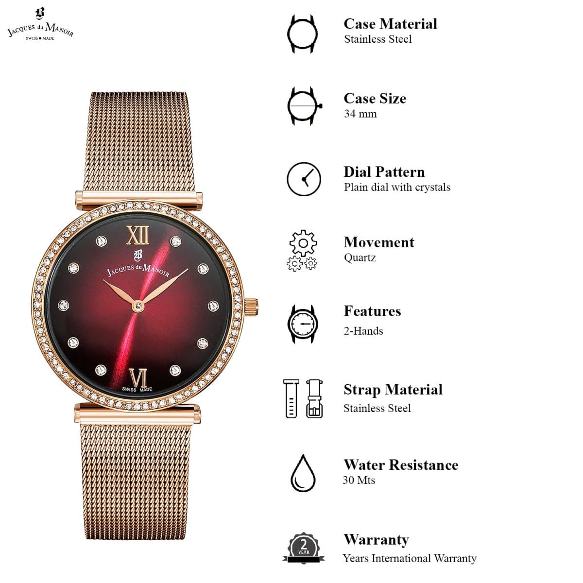 JACQUES DU MANOIR Cocktail Swiss Made Analogue Burgundy Round Dial Women's Watch- SORMI.07