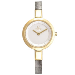 Obaku Siv Gold-Bi Quartz 5.9mm Slim Case Silver Round Dial Women's Watch- V129LXGIMC