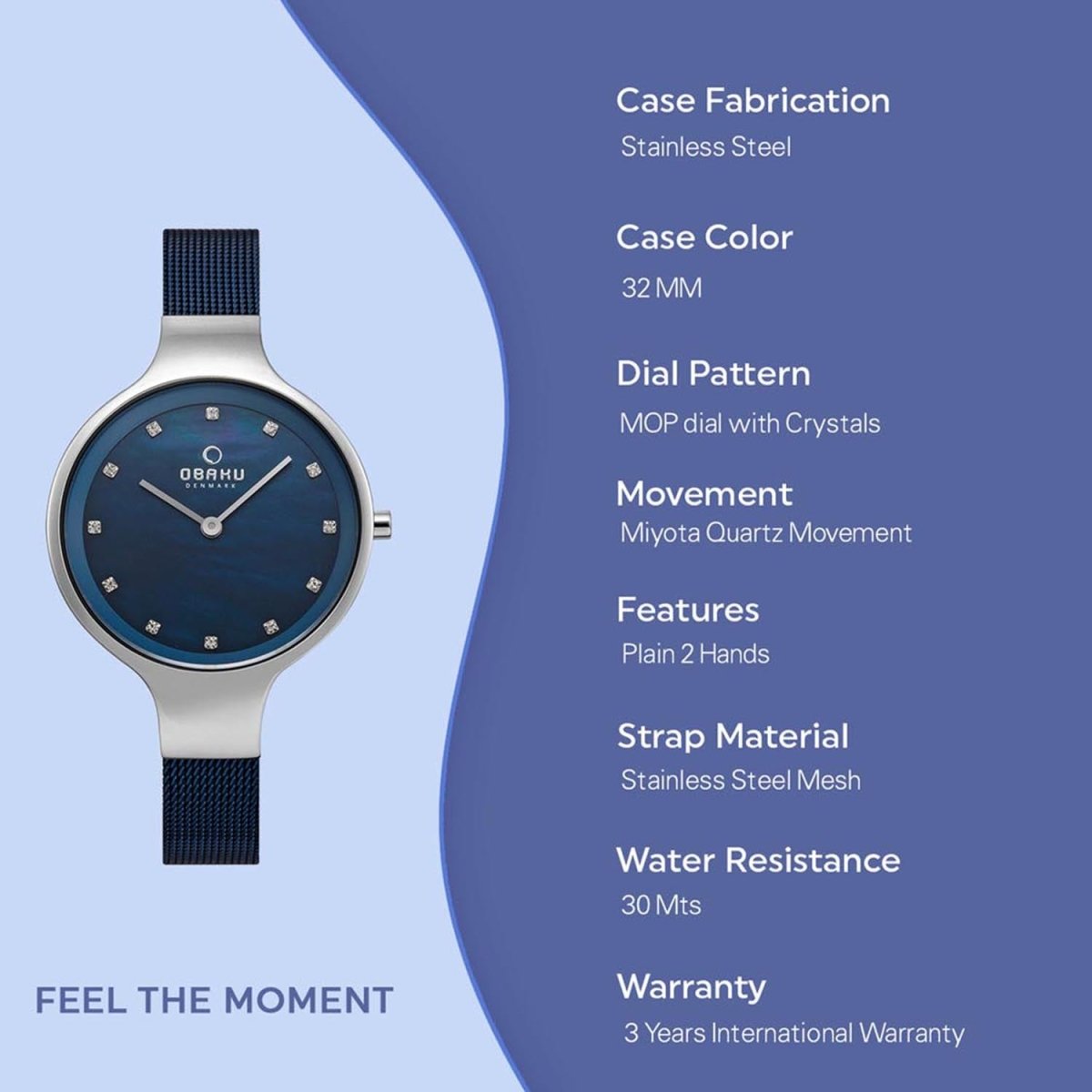 Obaku Sky Arctic Quartz 6.4mm Slim Case Blue MOP Round Dial Women's Watch- V173LXCLML