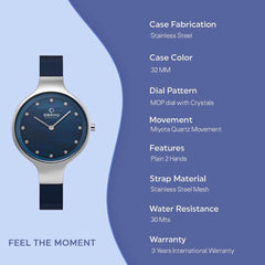 Obaku Sky Arctic Quartz 6.4mm Slim Case Blue MOP Round Dial Women's Watch- V173LXCLML