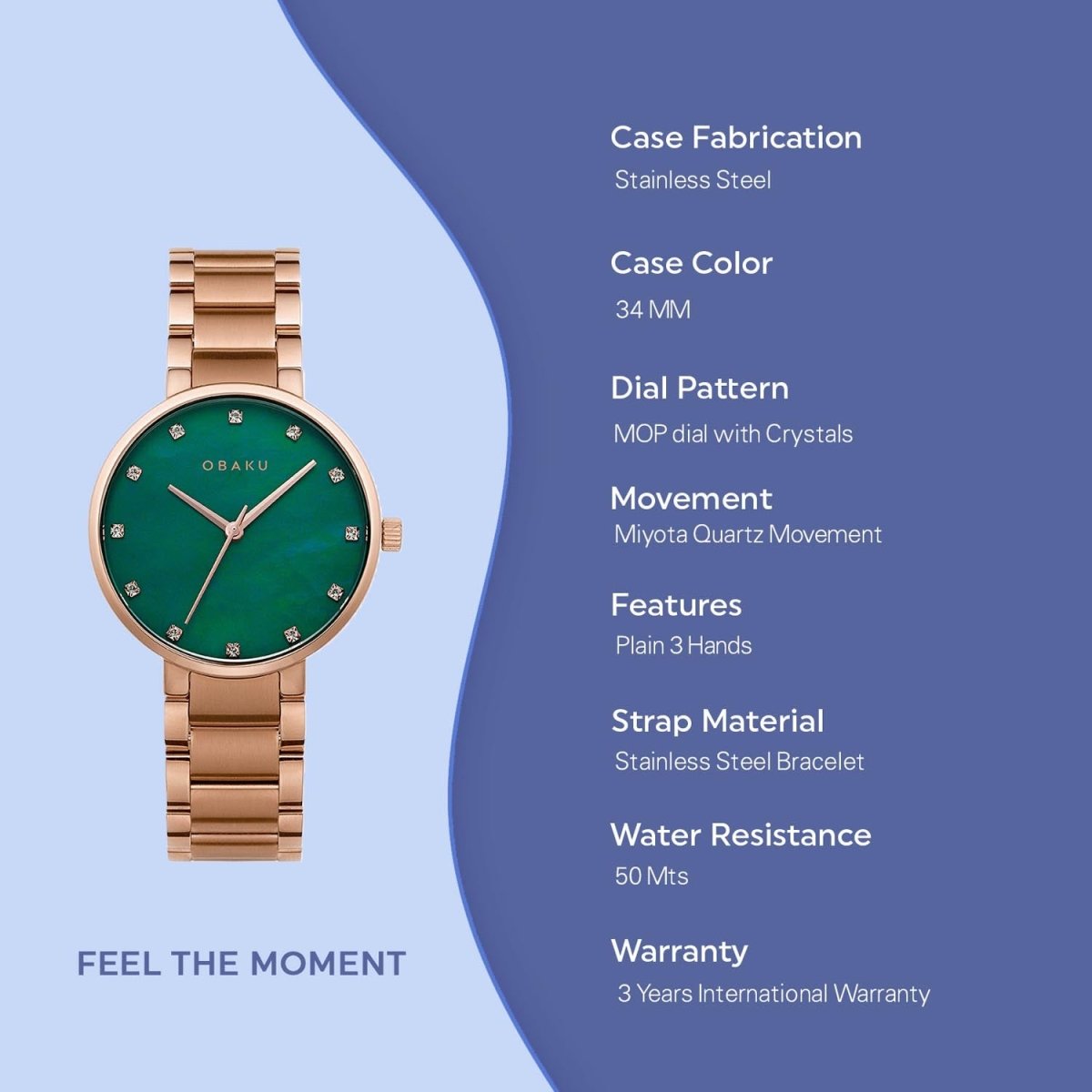 Obaku Glad Fern Quartz 6.7mm Slim Case Green Round Dial Women's Watch- V189LXVESV
