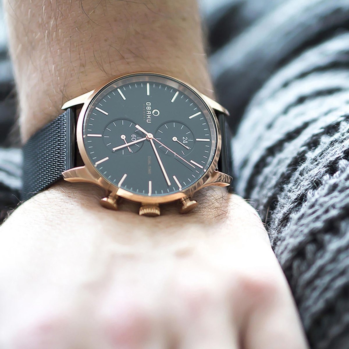 Obaku Gran Night Dual Time Black Round Dial Men's Watch- V196GUVBMB