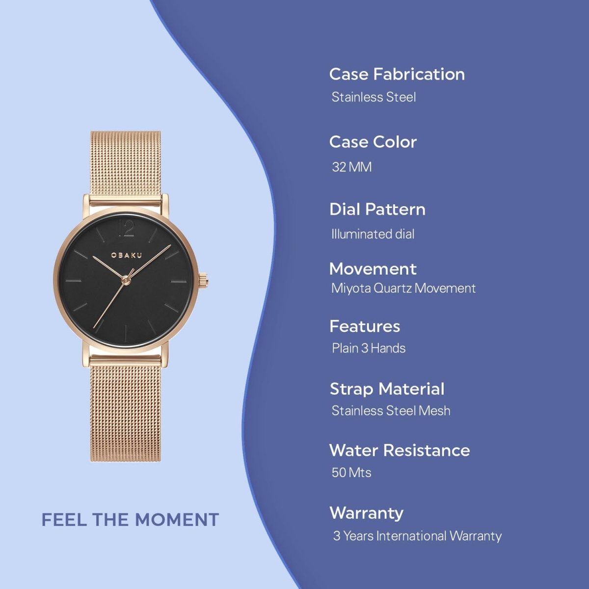 Obaku Mark Lille Gerbera Quartz 6.4mm Slim Case Black Round Dial Women's Watch- V197LXVBMV