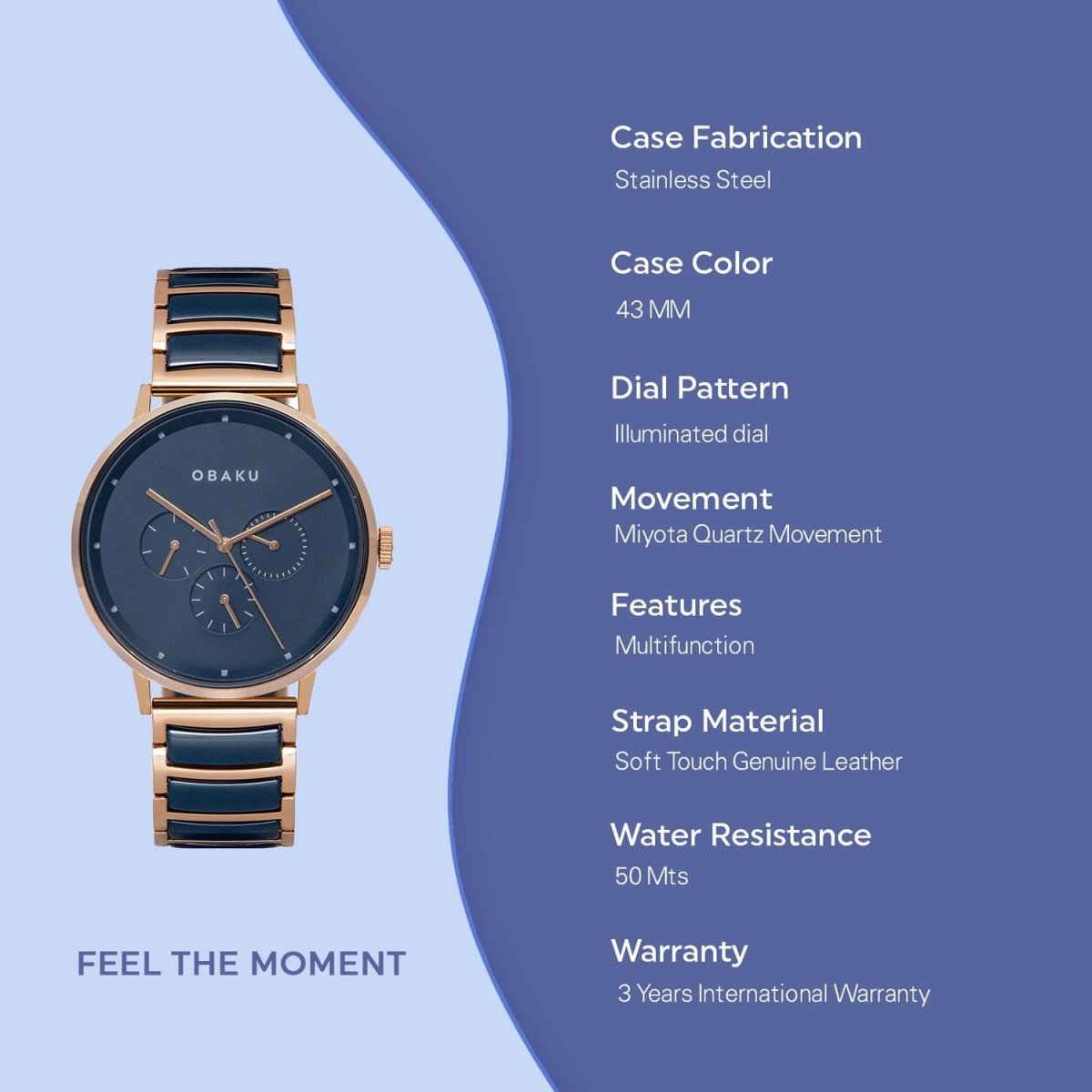 Obaku Venlig Sunset Multifunction Blue Round Dial Men's Watch- V208GMVLSL