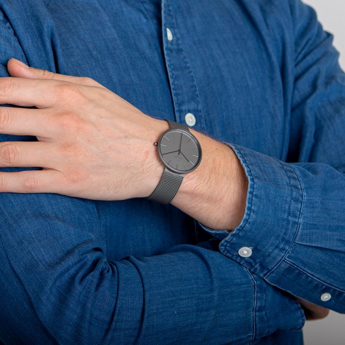 Obaku Hassel Smokey Quartz 6.7mm Slim Case Gun Round Dial Men's Watch- V219GXUUMU