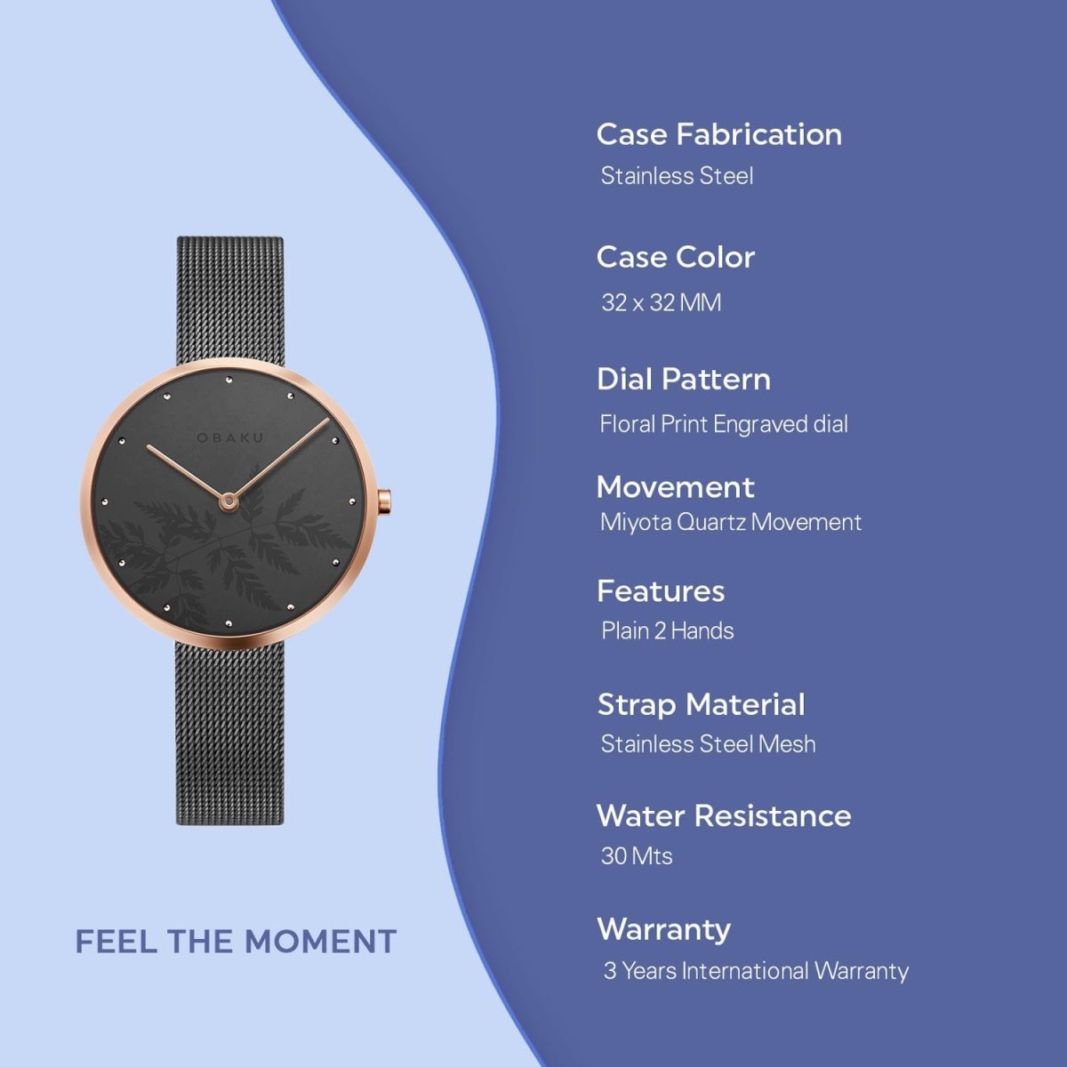 Obaku Hassel Natur Granite Quartz 6.4mm Slim Case Grey Round Dial Women's Watch- V219LXVKMJ