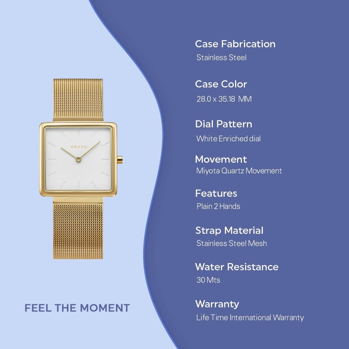 Obaku Kvadrat-Gold Quartz 4.7mm Slim Case White Square Dial Women's Watch- V236LXGIMG