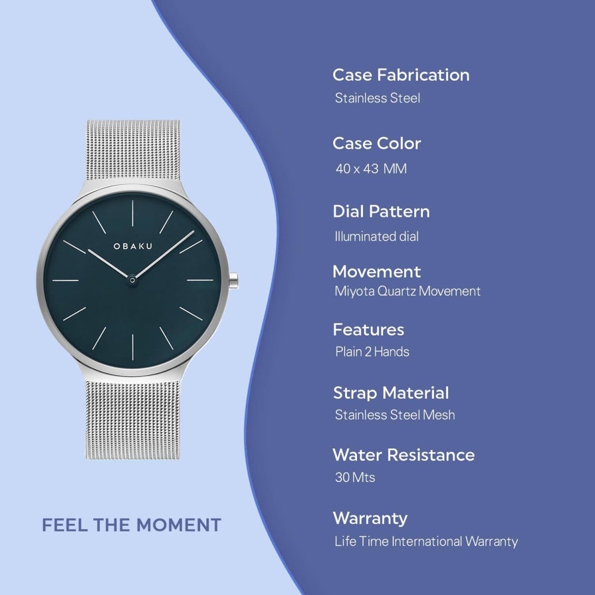 Obaku Ark Cyan Quartz 4.7mm Slim Case Blue Round Dial Men's Watch- V240GXCLMC